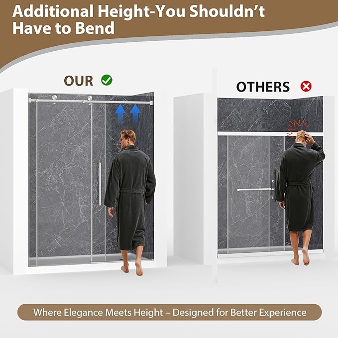 Frameless Glass Shower Door, 55-60" W x 76" H Sliding Frameless Shower Door, 1/4''(6mm) SGCC Tempered Glass, Explosion-Proof Film Nano Coating, Stainless Steel Hardware, Brushed Nickel