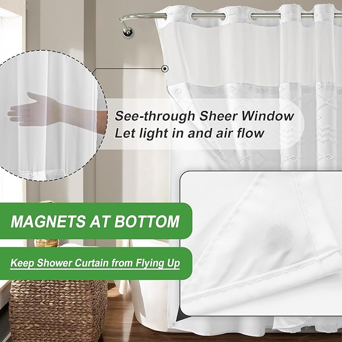 Long No Hook Tufted Chevron Striped Shower Curtain with Snap-in PEVA Liner Set - 72" x 86", Hotel Style with See Through Top Window, Water Repellent Fabric Shower Curtain White