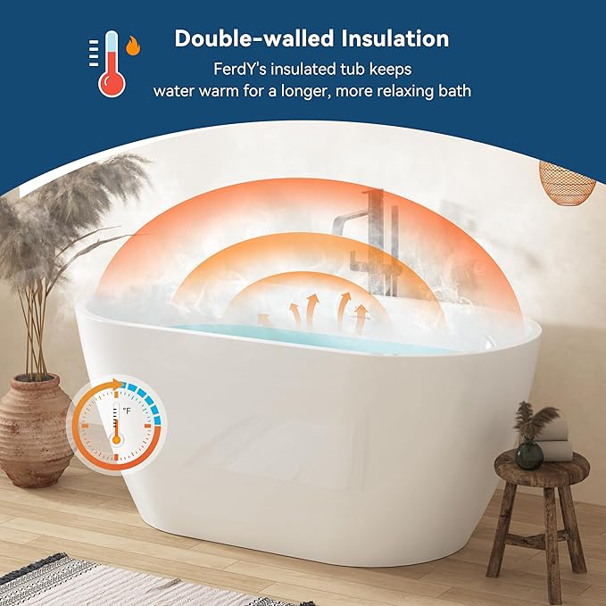 FerdY Bali 55" Freestanding Bathtub, Glossy White Freestanding soaking tub with Polished White Drain & Integrated Slotted Overflow, cUPC Certified