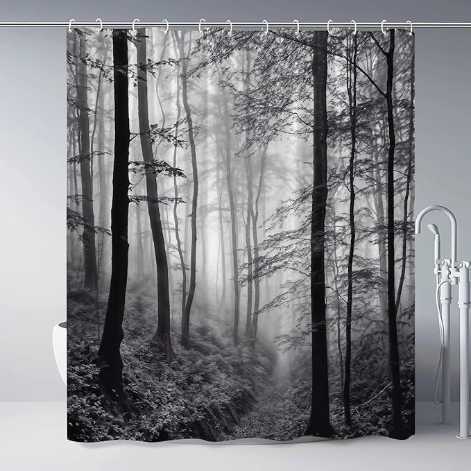 Misty Forest Shower Curtain Black White Foggy Nature Landscape Grey Fantasy Fog Tree Rustic Farmhouse Outdoor Bath Curtain with Hook 47Wx70H Inch