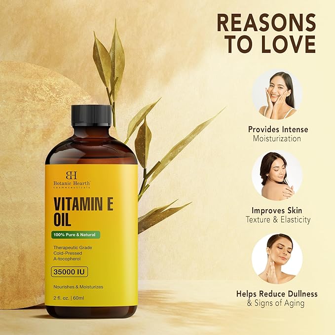 Botanic Hearth Vitamin E Oil (Glass Bottle 2 Fl Oz) | 100% Pure and Natural Oil for Growth of Nails, Hair, Eyebrows & Eyelashes | 35,000 Iu | Hair & Body Oil with Eyebrow & Eyelash Brush
