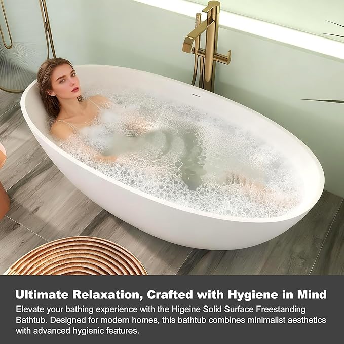 71" Premium Solid Surface Freestanding Bathtubs, Oval Stone Resin Tub with Overflow and Pop-up Drain, Matte White
