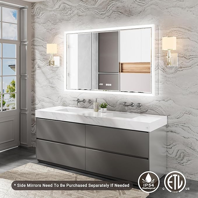 48x30 Beveled Lighted Medicine Cabinet with Mirror & Lights, Surface or Recessed Mirrored Medicine Cabinet with Outlet & Clock, Anti-Fog Dimmable LED Storage Cabinet, Built-in Sensor Light