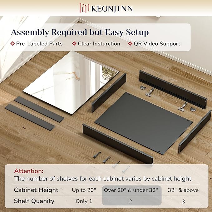 Keonjinn 30 x 26 Inch Black Medicine Cabinet, Bathroom Medicine Cabinet with Mirror, Lightweight Aluminum Structure, Assembly Required, in Wall or Wall Mount, Free Adjustable Shelves, Tempered Glass