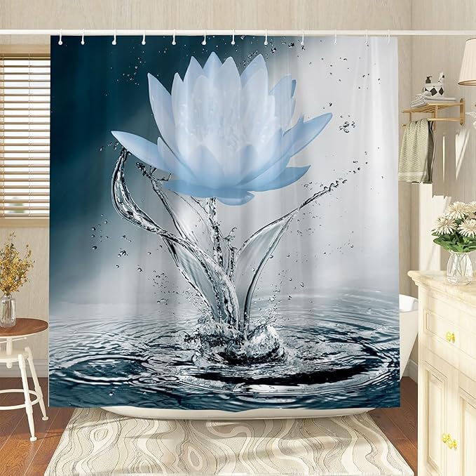 Lotus Shower Curtain Black White Blue Flower Elegant Blooming Floral with Dew Spring Flower Reflection on Water Modern Romantic Polyester Fabric Bathroom Decor 108×70 Inch with Hook
