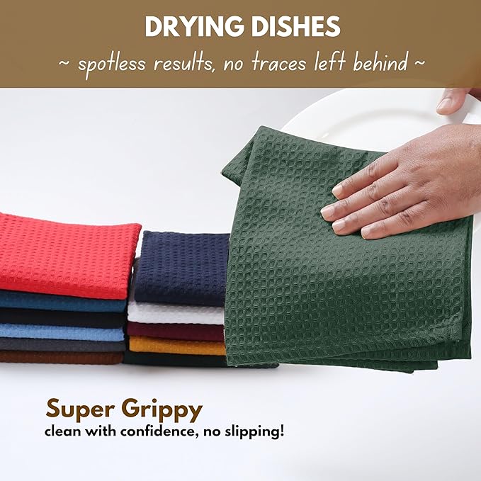 Native Fab Cotton Kitchen Towel with Hanging Loop 16x26 inches, 6-Pack, Waffle Weave Kitchen Towels for Cleaning Drying, Washcloths Soft & Absorbent Cloth Rags, Bar Towel, Dish Cloth, Olive Green