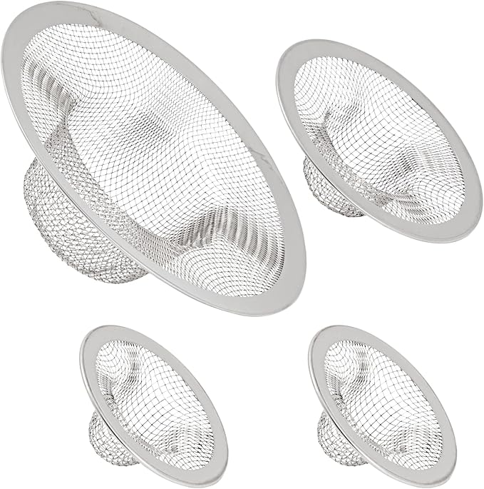 Juvale Stainless Steel Sink Drain Strainer - Mesh Kitchen Sink Strainer - Anti-Clogging Wire Mesh Screen - Pack of 4, 4.3 in, 2.8 in, 2.1 in