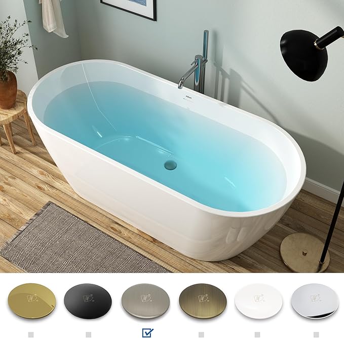FerdY 67" Bali Acrylic Freestanding Bathtub, Gracefully Shaped Freestanding Soaking Bathtub, cUPC Certified, Toe-Tap Brushed Nickel Drain and Minimalist Linear Design Overflow Included