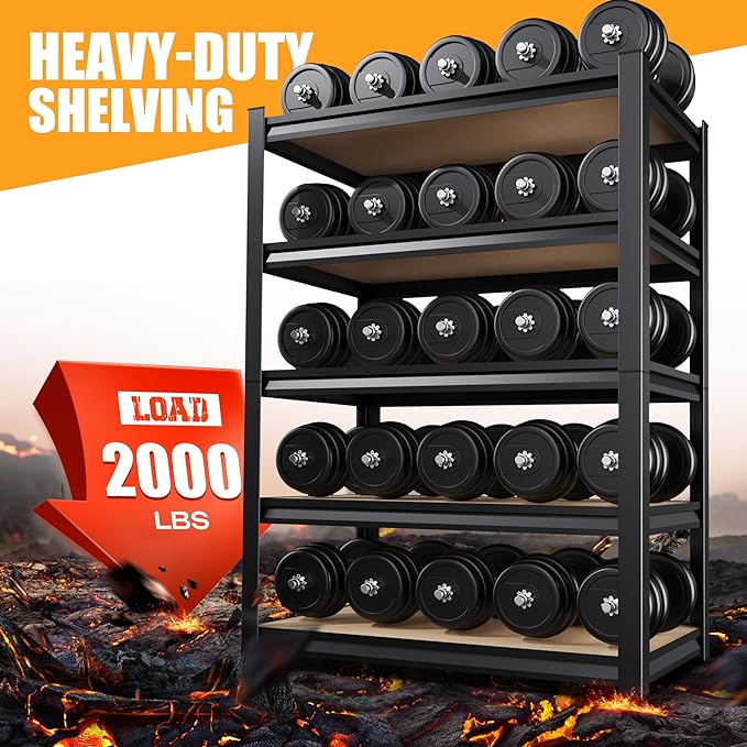 AOARGG 78" H Garage Shelving, 5-Tier Heavy Duty Storage Shelves, Adjustable Metal Shelving Unit, Utility Garage Organizer Shelf, for Basement Warehouse Pantry, 45.6" W x 19.7" D x 78" H, Black