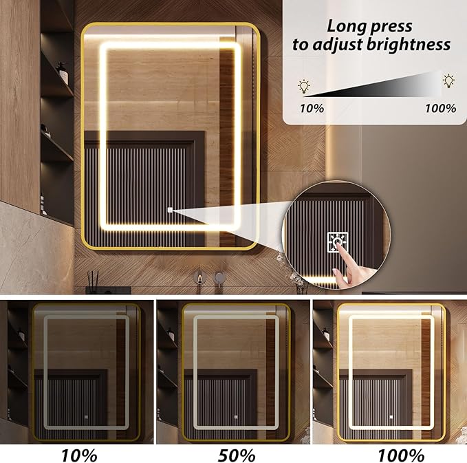 APRILSOUL 20X30 Inch Gold Bathroom Medicine Cabinet with Mirror, Recessed or Surface Lighted Medicine Cabinet with 3 Colors Temperature, Dimmable Light