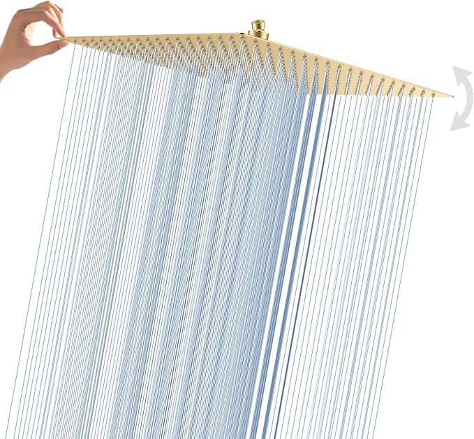 Gold Rain Shower Head, 16 Inch Ultra Thin 304 Stainless Steel Square Rainfall Shower Head, Full Body Coverage with 324 Silicone Nozzle Waterfall Showerhead