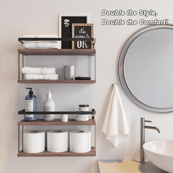 RICHER HOUSE Dual-Level Guardrail Bathroom Shelves, Wood Floating Shelf Wall Mounted, Over Toilet Paper Storage Shelf for Bathroom Wall Decor, Bathroom Organizers and Kitchen Storage - Rustic Brown