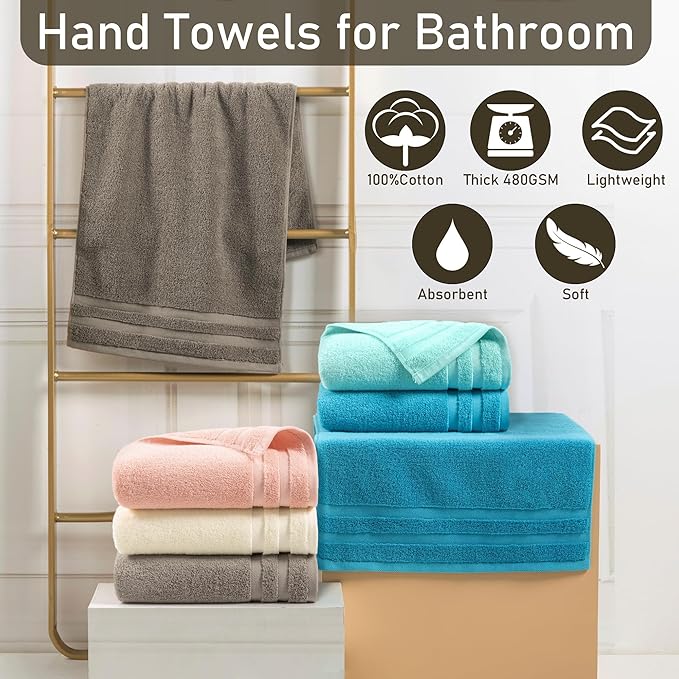 Turquoise Hand Towels, Bathroom Hand Towels Set of 4，14"x30" - 100% Cotton | Lightweight | Thick 480GSM | Soft | Absorbent, Fluffy Towels Decorative Set, Bathroom Essentials, Turquoise Blue