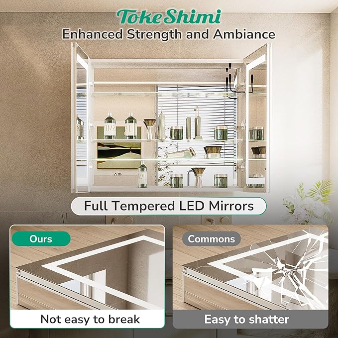 TokeShimi 36x24 Lighted Medicine Cabinet Mirror with Outlet, 3 Colors Dimmable Bathroom Mirror Medicine Cabinet Surface or Recessed Mount, Anti-Fog Mirror with Storage for Vanity and Modern Decor