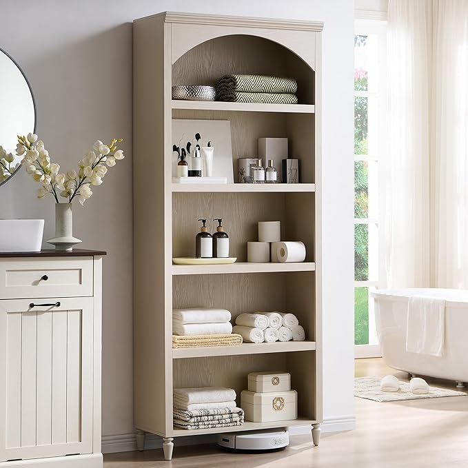 76" Tall Arched Bathroom Storage Cabinet, 5 Tiers Large Farmhouse Arched Cabinet w/Adjustable Shelves, Modern Wooden Storage Cabinet for Bathroom, Living Room, Entryway, Study Room (Cream)