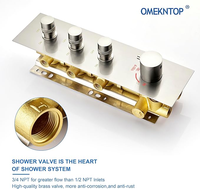 3 Way Shower Diverter Valve - Brushed Nickel, 3 Function Thermostatic Mixer Brass Valve with Individual On/Off Flow Control, Ideal for Shower Arm & Shower Kit