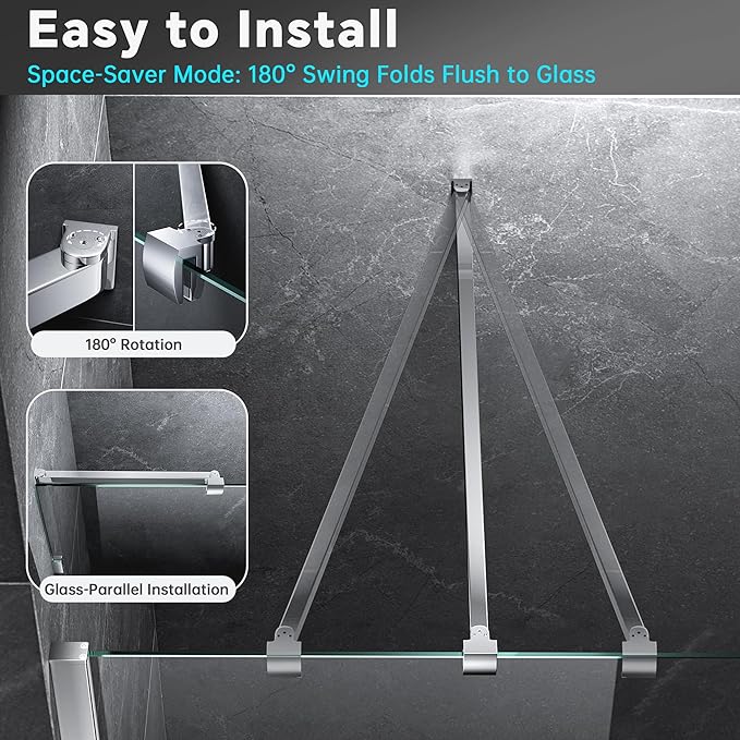 Frameless Shower Door Support Bar, Stainless Steel Wall-to-Glass Support Arm to Fixed Shower Glass Panel, for 1/4"-3/8" (6-10 mm) Door, 180° Pivot & Stow-Flat Mode (Chrome, 51.2-inch(1300mm))