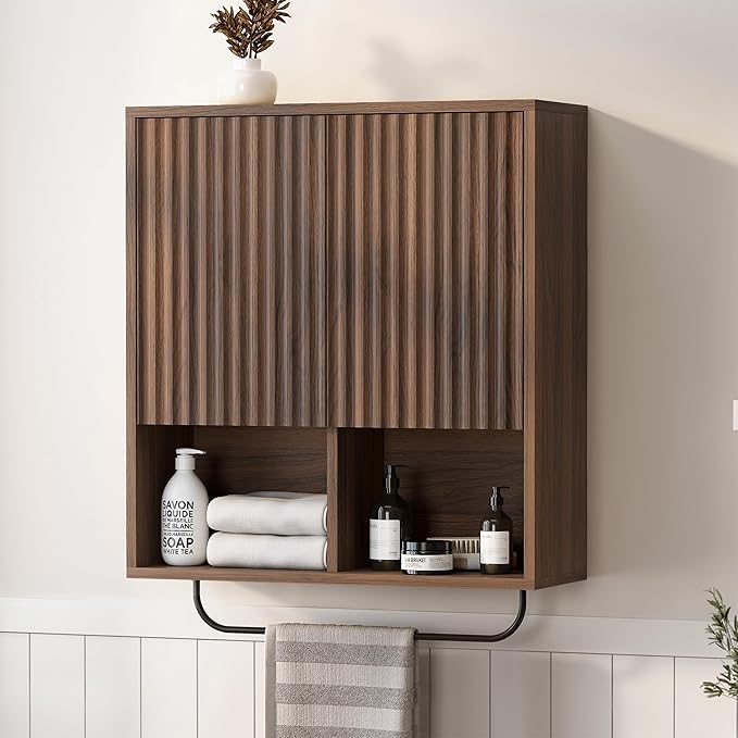 Fluted Wall Cabinet Set of 2, Wooden Bathroom Medicine Cabinet Storage with 2 Doors, Adjustable Shelf and Towels Bar, Modern Wall Mount Large Floating Cabinet for Kitchen Brown