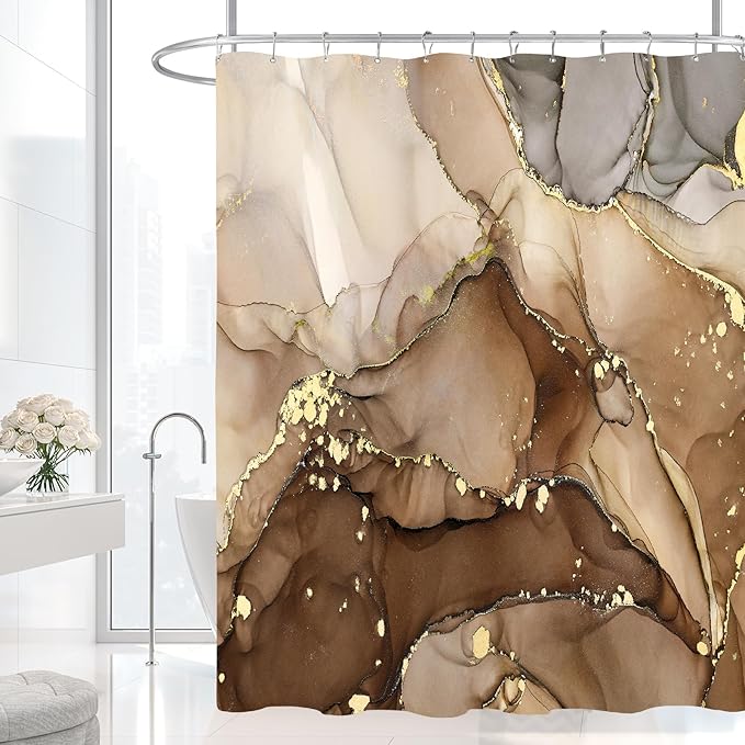 Brown Marble Shower Curtain, Modern Abstract Fabric Shower Curtains for Bathroom, Luxury Art Ink Texture Watercolor Shower Curtain Set with Hooks 72x72