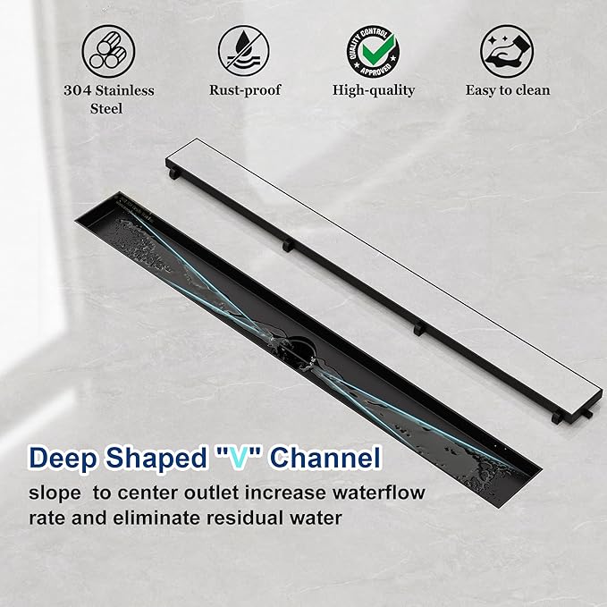 Neodrain 18-Inch Linear Shower Drain with Tile Insert Grate, Matte Black 304 Stainless Steel Rectangle Shower Floor Drain, Linear Drain with Leveling Feet, Hair Strainer