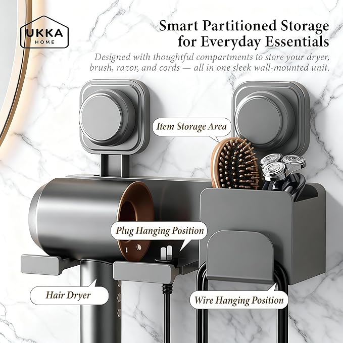Suction Cup Hair Dryer Storage Organizer with Shelf & Hooks for Bathroom. Reusable, ABS Plastic, Rustproof, Wall Mounted. No Drill, No Glue, Nail Free (Gray, Standard)