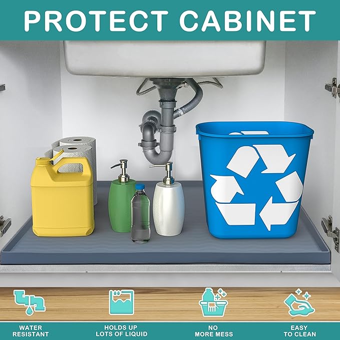 URMONA Waterproof Silicone Under Sink Mat 34'' x 19'' Shelf Liner for Kitchen and Bathroom, Cabinet and Counter Protector, Storage and Organizers, Litter Mat, Pet Cat Puppy Essentials(Light Grey)