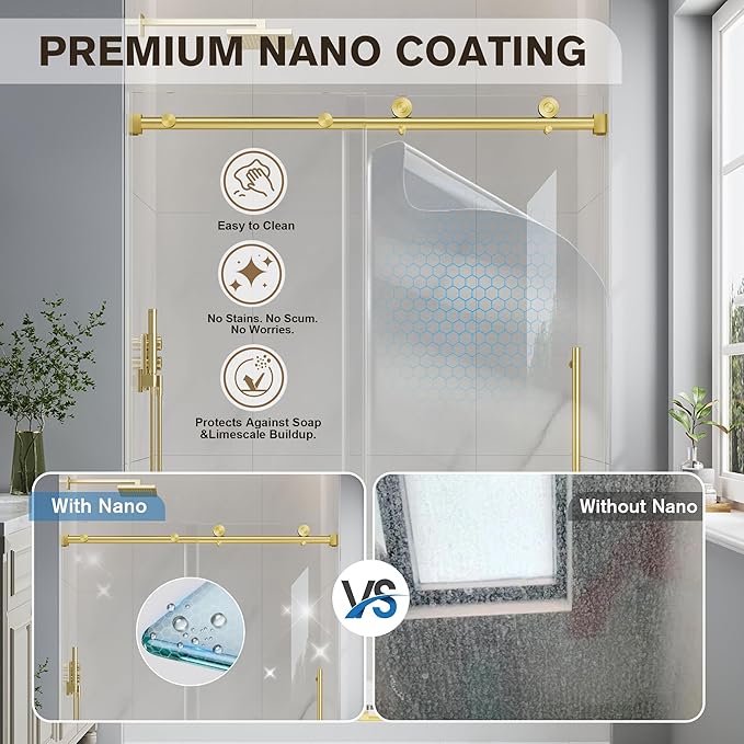 Frameless Glass Shower Door, 55-60" W x 76" H Sliding Frameless Shower Door, 1/4''(6mm) SGCC Tempered Glass, Explosion-Proof Film Nano Coating, Stainless Steel Hardware, Brushed Gold