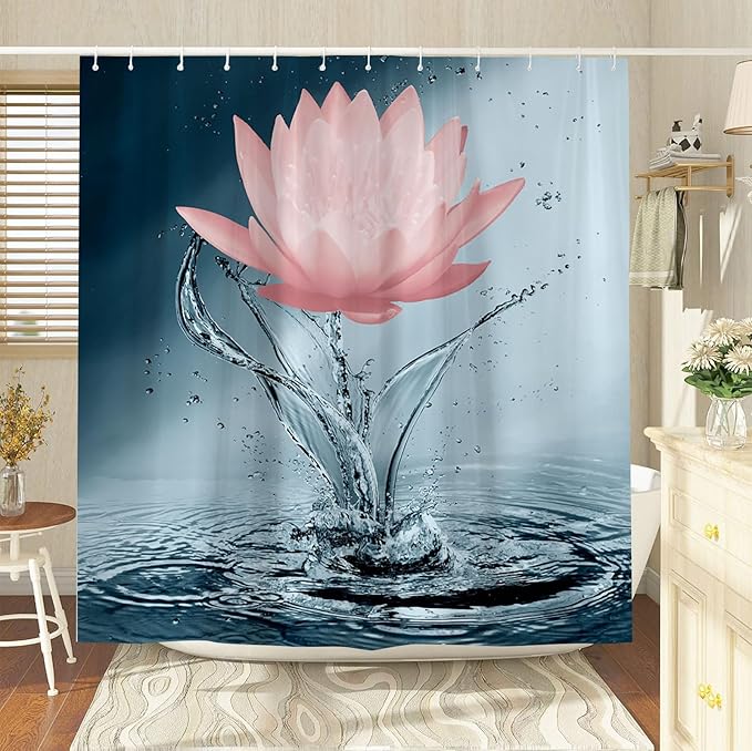 Lotus Shower Curtain Blue Red Flower Elegant Blooming Floral with Dew Spring Flower Reflection on Water Modern Romantic Polyester Fabric Bathroom Decor 70×84 Inch with Hook