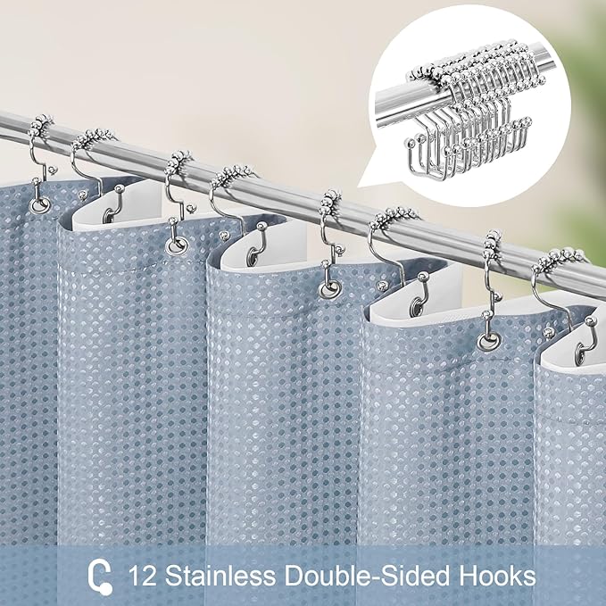 3 in 1 Long Blue Shower Curtain Set-72 W x 78 H, Fog Blue Waffle and PEVA Liner Set with 12 Stainless Steel Hooks, Waterproof Fabric for Bathroom
