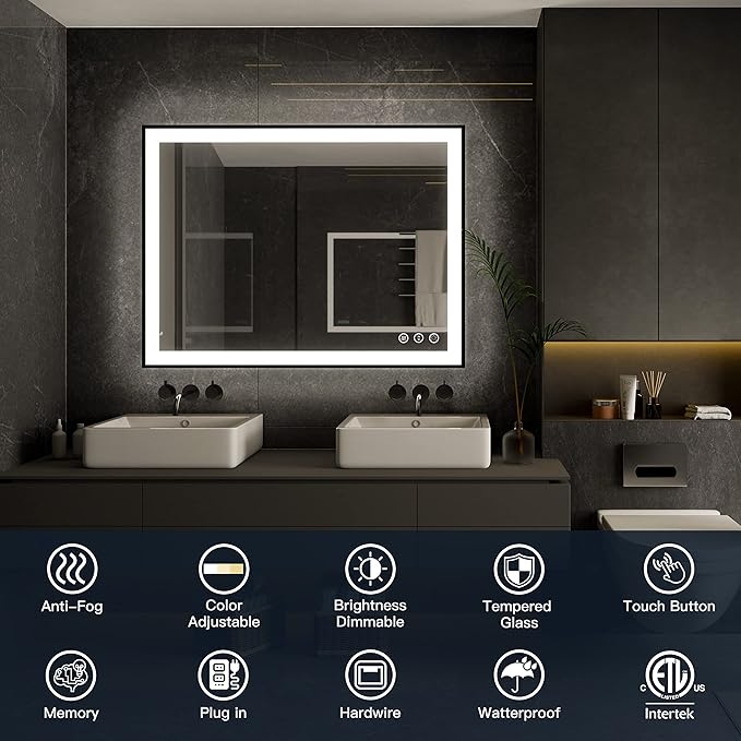 ISKM Framed LED Mirror for Bathroom 48"x38", Dimmable LED Bathroom Mirror with Lights, Anti-Fog, Front and Backlit Lighted Mirror 3-Colors, Shatterproof, Memory Function