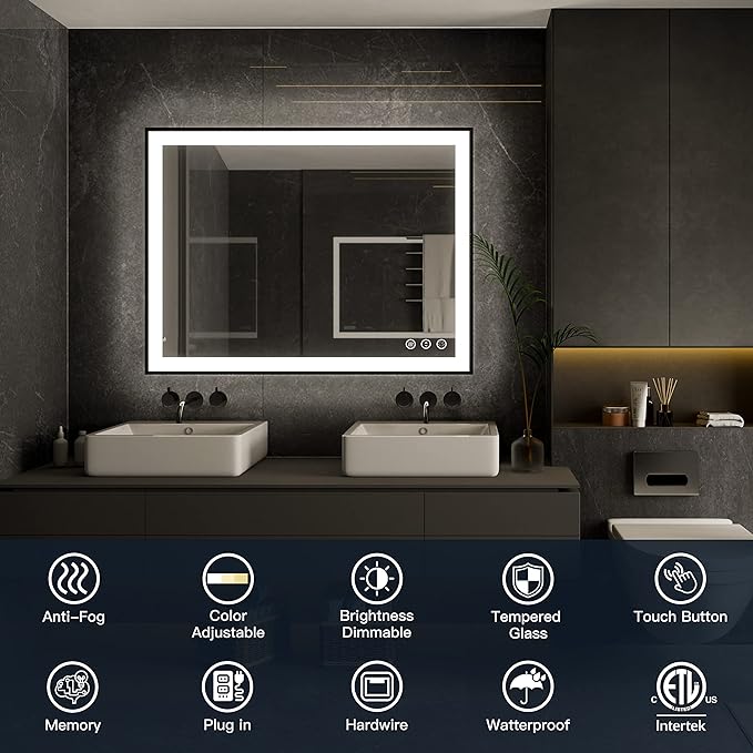 ISKM Framed LED Mirror for Bathroom 72"x32", Dimmable LED Bathroom Mirror with Lights, Anti-Fog, Front and Backlit Lighted Mirror 3-Colors, Shatterproof, Memory Function
