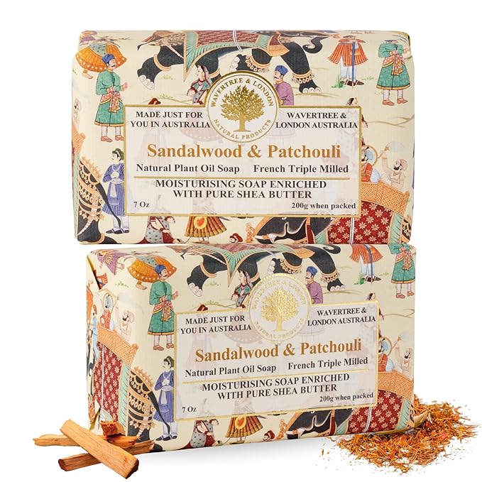 Wavertree & London Sandalwood & Patchouli Scented Natural Soap (2 Bars), 7oz Moisturizing French Triple Milled Soap Bars enriched with shea butter - Pure Plant Oil Bath & Body Bars for All Skin Types