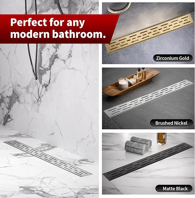 Sharp-tec Linear Shower Drain, 36 inch Shower Drain with Removable Pattern Cover, Brushed Nickel 304 Stainless Steel Rectangle Floor Drain, Adjustable Feet and Hair Strainer Included (Model 101)