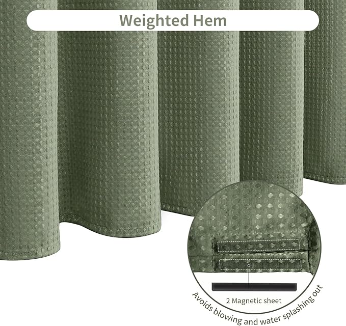 Inhousolu Fabric Shower Curtain Waffle Weave, Sage Green 230 GSM Heavy Duty, Weighted Hem, 8 Metal Hooks, Water Repellent, Machine Washable, Hotel Spa Luxury Bath Curtain Set, 36 x 72 Inch