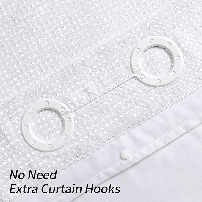 MitoVilla No Hooks Need White Waffle Shower Curtain Liner Set, Modern Waffle Weave Fabric Shower Curtains with Snap-in Liner for Luxury Hotel Grade Spa-Like Bathroom Decor, 72 x 74