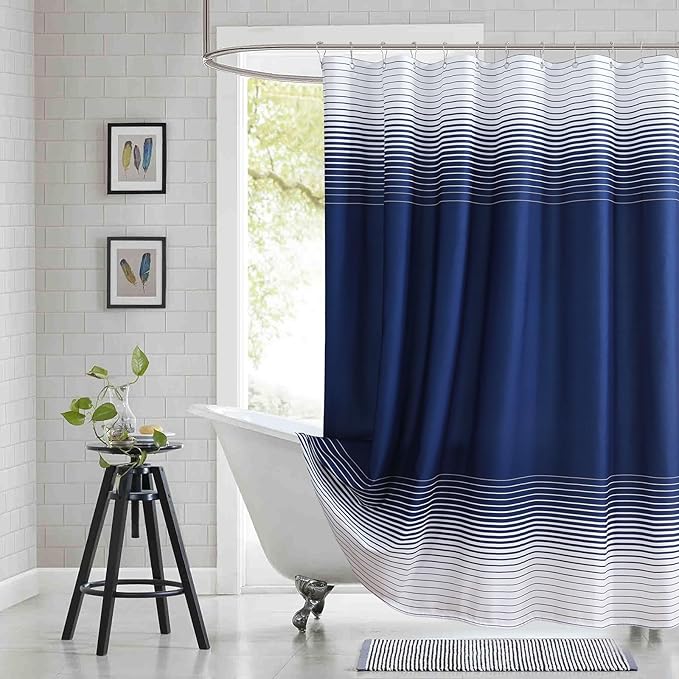 Blue Shower Curtain 78 Inches Long, Modern Navy Blue and White Gradient Horizontal Stripe Waterproof Polyester Shower Curtains for Bathroom, 72x78 Inches