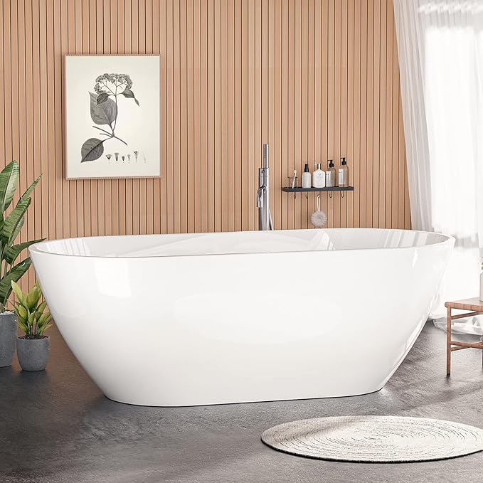 Acrylic Bathtub 59 Inch, Freestanding Deep Soaking Bath Tub with Brushed Overflow and Drain, Contemporary Gloss White Freestanding Bathtub