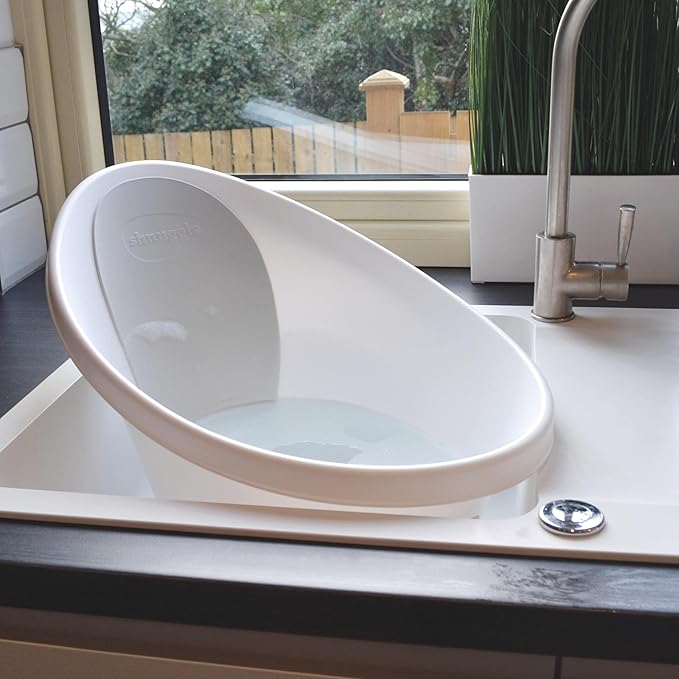 Shnuggle Newborn Baby Bath | Built in Support Bump and Soft Backrest | Suitable from Newborn | Bath Seat Support Includes Plug | White with Grey Backrest