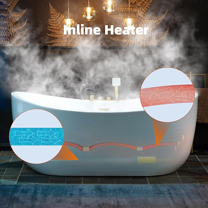 WOODBRIDGE 72" x 35-3/8" Whirlpool and Air Bath Heated Soaking Combination Tub with Adjustable Speed Air Blower and Display Control Panel, Brushed Gold Finish Trim and Drain Kit, BG400+F0045BG