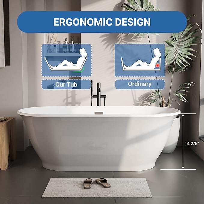 67" Free Standing Tub, Acrylic Soaking Bathtub, Stand Alone Freestanding Tub with Matte Sliver Drain and Overflow, Contemporary Bathtub for Bathroom, Grey