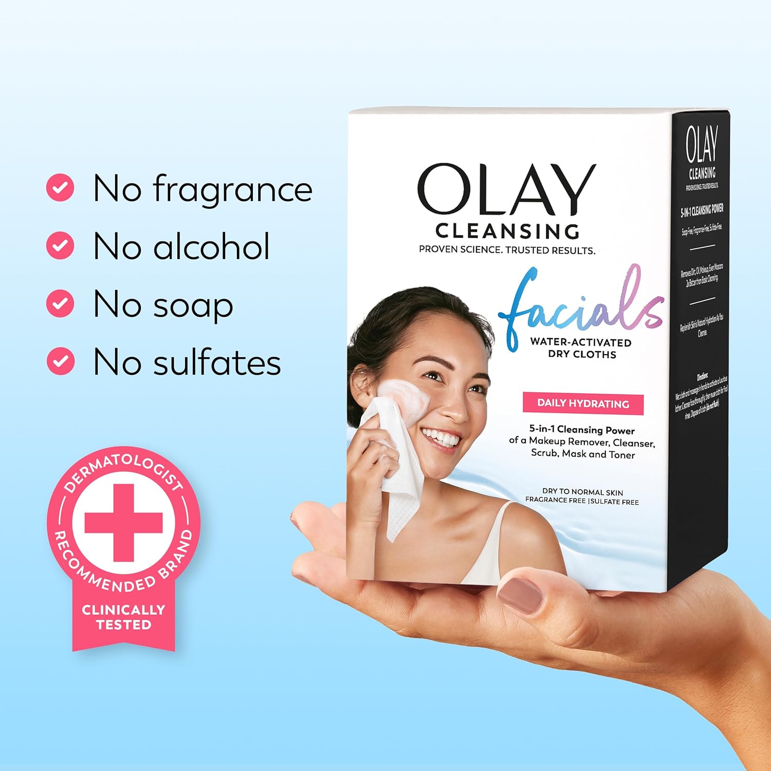 Olay Daily Facials, Daily Clean Makeup Removing Facial Cleansing Wipes, 5-in-1 Water Activated Cloths, Exfoliates, Tones and Hydrates Skin, 66 count