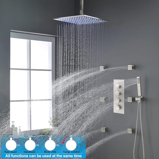 HOMEDEC 3 Way Shower Diverter Valve, 3 Outlets Multi Function Thermostatic Shower Brass Valve Can Run Simultaneously, Brushed Nickel