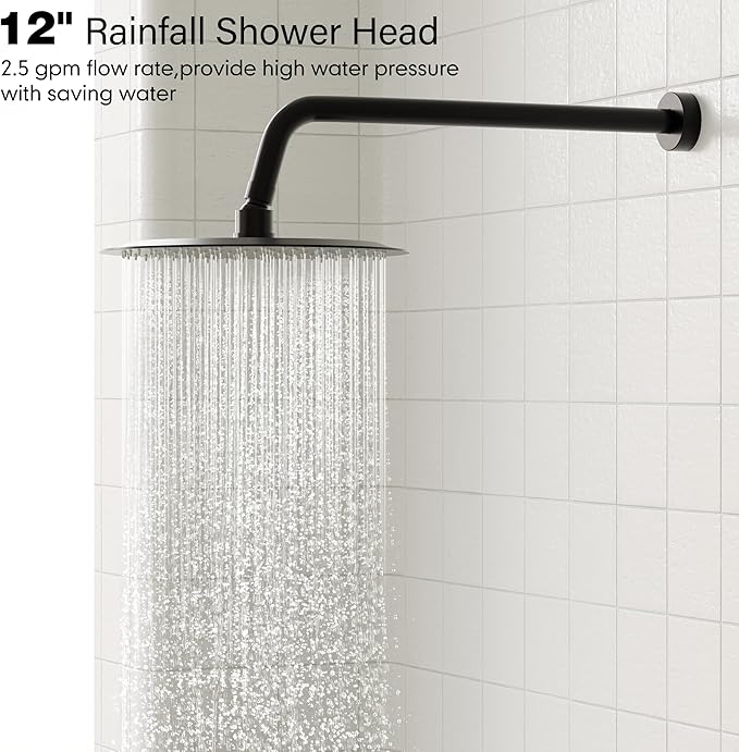 Gabrylly Shower System, High Pressure 12" Rain Shower Head with Handheld Shower,Wall Mounted Slide Bar Shower Faucet Set Complete, Shower Combo Set with Shower Valve,Matte Black