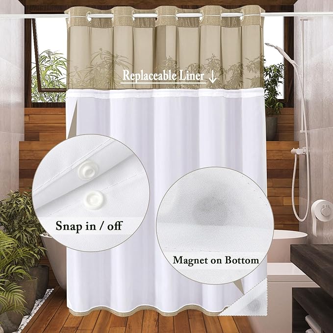 Gibelle No Hook Waffle Weave Shower Curtain with Snap-in Fabric Liner Set for Bathroom, Hotel Style with Mesh Top Window, Waterproof & Washable, Beige, 72x74