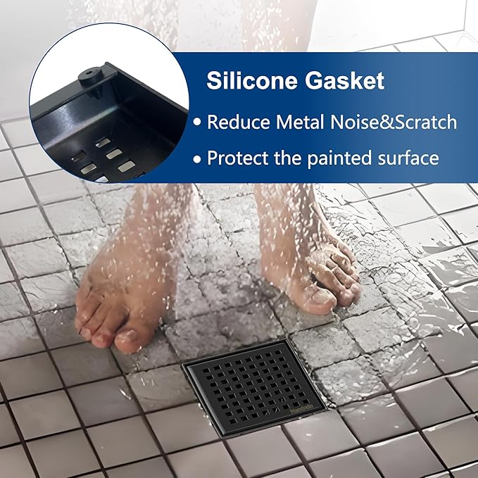 Neodrain 4 Inch Square Shower Drain with Removable Quadrato Pattern Grate, Matte Black 304 Stainless Steel Square Drain, with Watermark&CUPC Certified, Hair Strainer