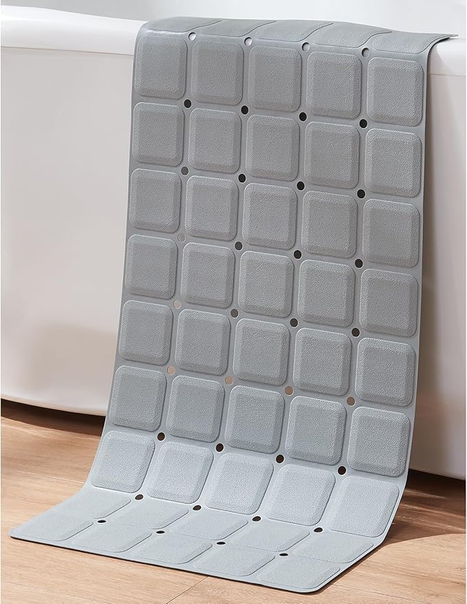 Non-Slip Bath Mat for Tub & Shower：Silicone Foldable Bathtub Mat with Strong Suction Cups, Quick Drain Holes, Machine Washable Extra Large Bathroom Mats 35.8" x 17.7", Grey