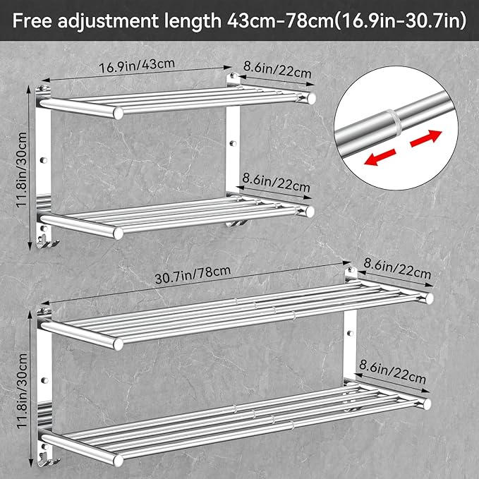Adjustable Towel Bar for Bathroom Wall Mount17-30.7inch Adhesive Shower Towel Rack Stainless Steel Bath Towel Holders for Toilet Kitchen Double Towel Hanger (Double Towel Rack)
