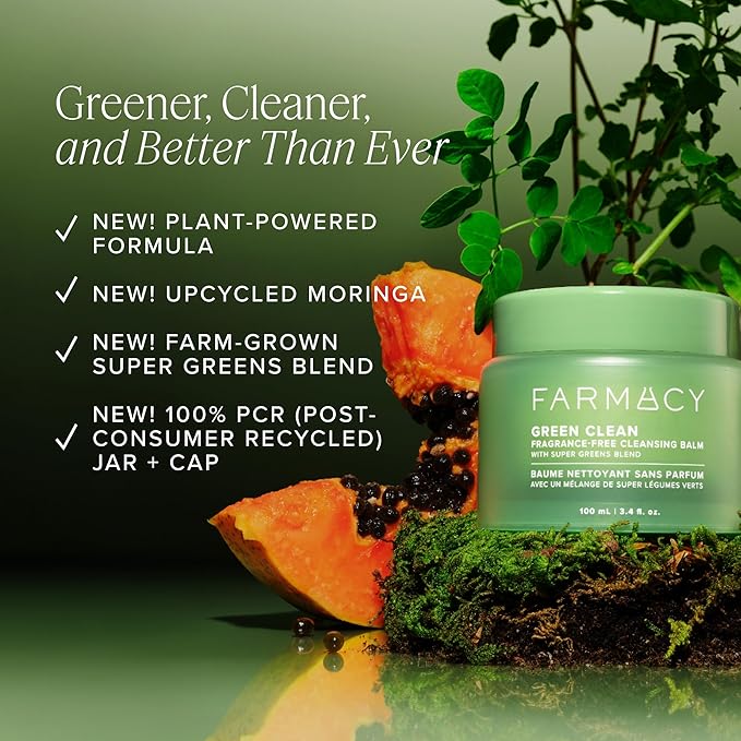 Farmacy Makeup Remover Cleansing Balm - Green Clean Waterproof Makeup Remover + Oil Based Cleanser - Newly Formulated Double Cleanser with Plant Based Waxes + Upcycled Moringa - Fragrance Free (30ml)