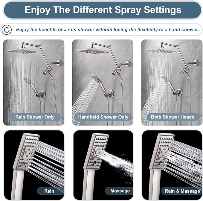 BRIGHT SHOWERS High Pressure Rain Shower Head Combo with Double Extension Arm, 8 Inch Rainfall Shower Head with Handheld Spray, Height Adjustable Dual Square Showerhead Set, Brushed Nickel