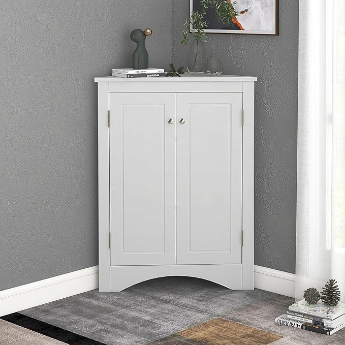 Corner Storage Cabinet with Adjustable Shelves, Triangle Bathroom & Kitchen Organizer, Freestanding Floor Cabinet for Toilet Kitchen Bathroom Cleaning Supplies (White 2)